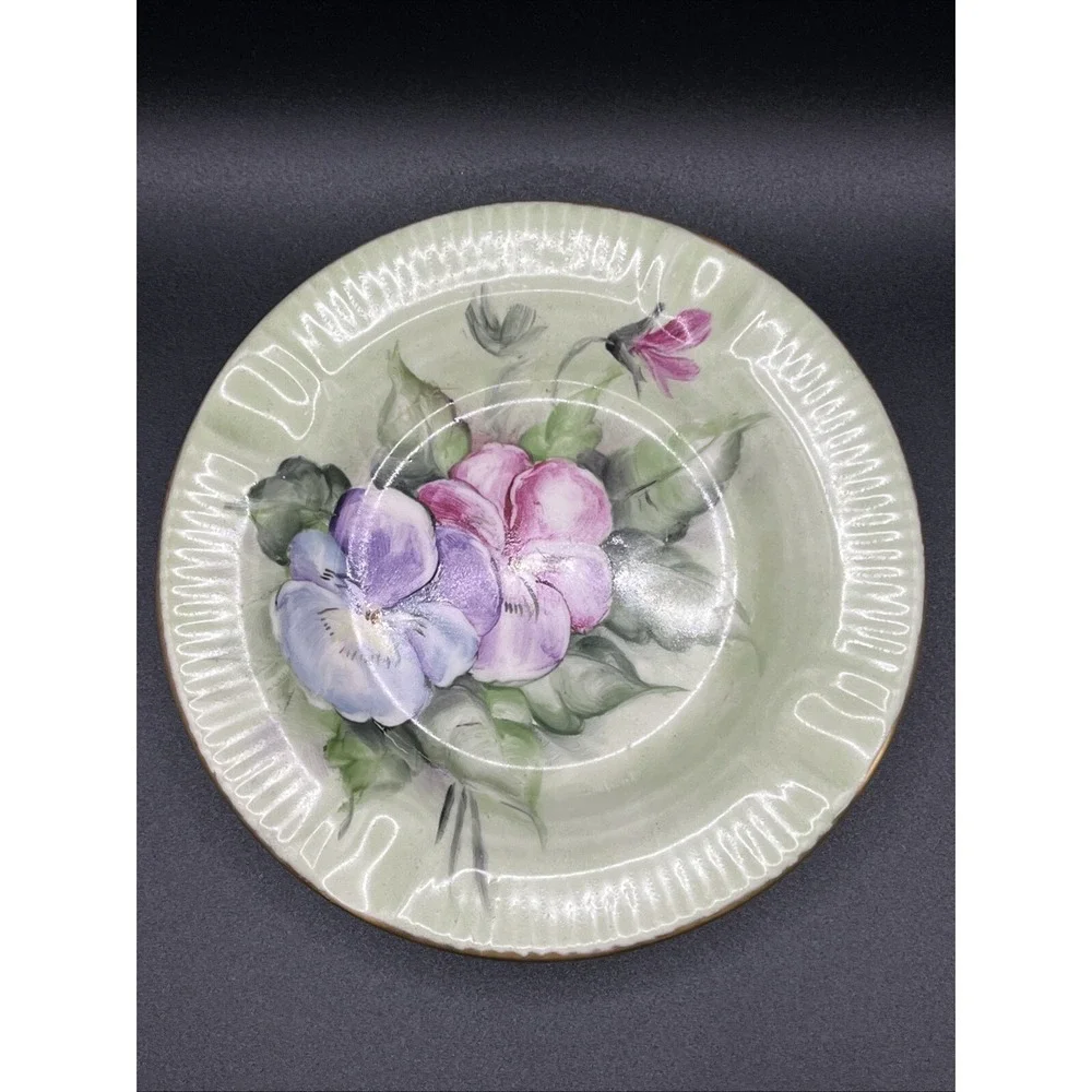 Vtg Green Ashtray w/ Flowers Victorian Hand Painted Trinket Dish 5